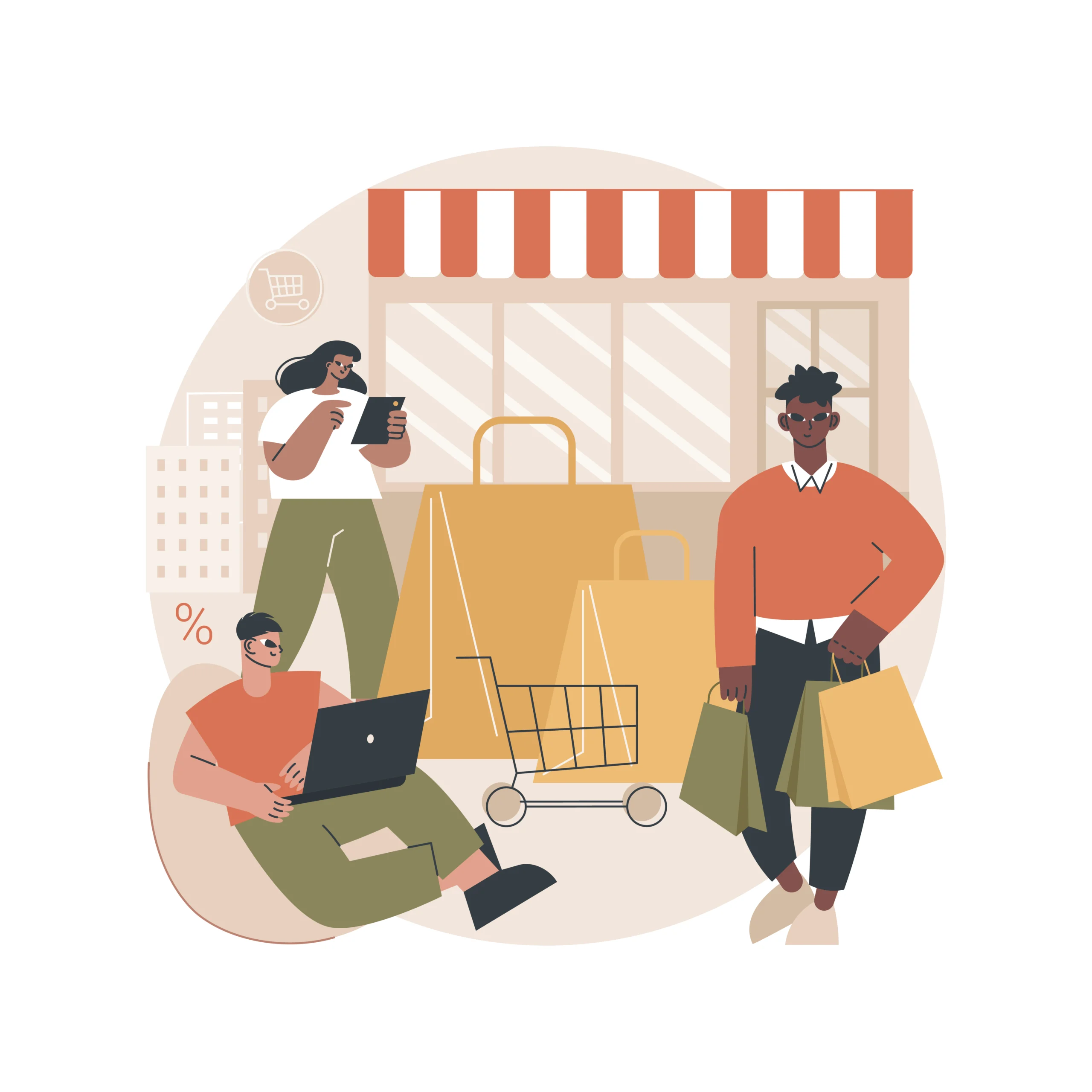 Commerce de quartier ou grande enseigne : clients devant une boutique avec leurs achats