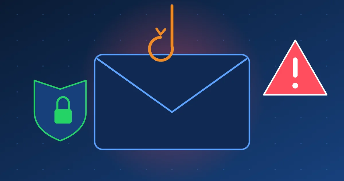 Illustration : enveloppe avec hameçon et panneau d’alerte, symbole de phishing