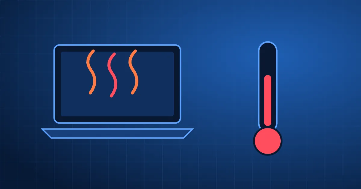 Ordinateur qui chauffe : illustration d’un portable avec ondes de chaleur et thermomètre