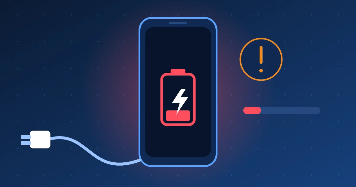 Smartphone qui ne charge plus : Illustration : smartphone avec batterie faible et câble de charge